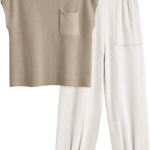 Amazon Neutral Knit Top and Ivory Wide-Leg Pants Set